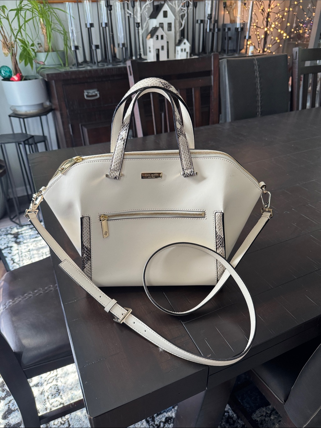 Kate Spade Cream Satchel With Snake-Print Trim And Gold Hardware